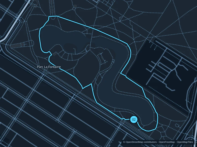 Map of the 1.4 km Parc La Fontaine · interior lake paths run, with start and finish marked 02.
