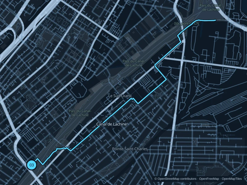 Map of the 5.5 km Canal de Lachine · Atwater to Bassin Peel run, with start and finish marked 03.