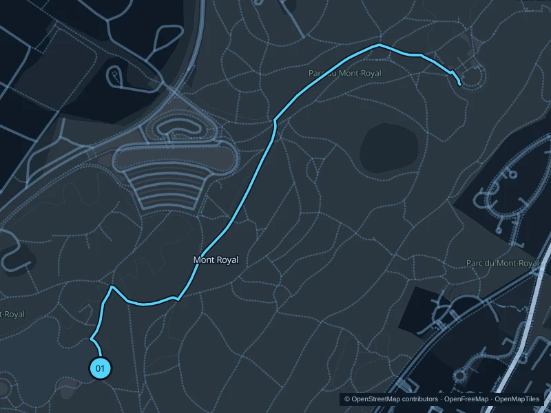 Map of the 2.2 km Mont Royal · Lac aux Castors to Kondiaronk run, with start and finish marked 01.