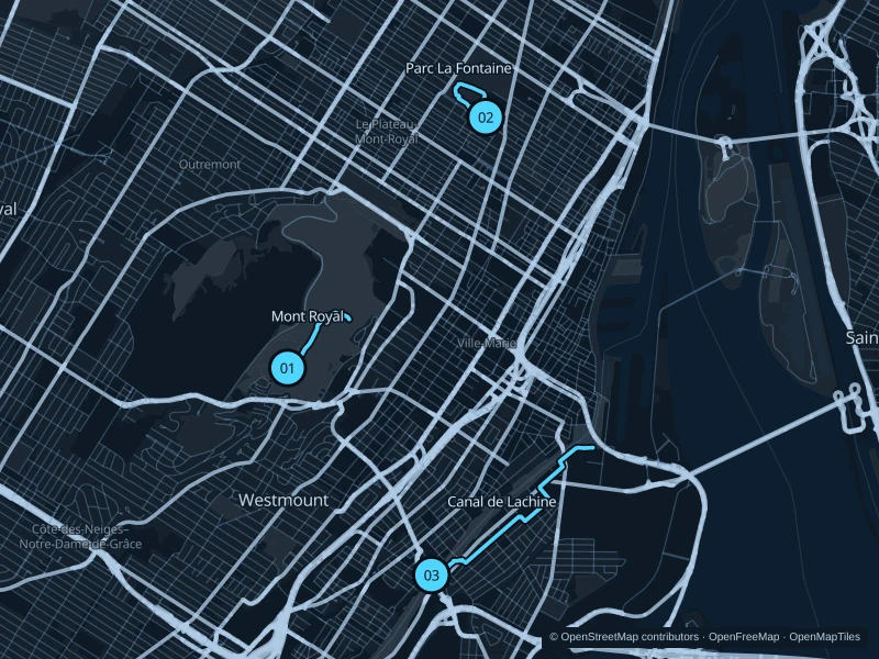 Map of Montréal with three numbered running-route starts.
