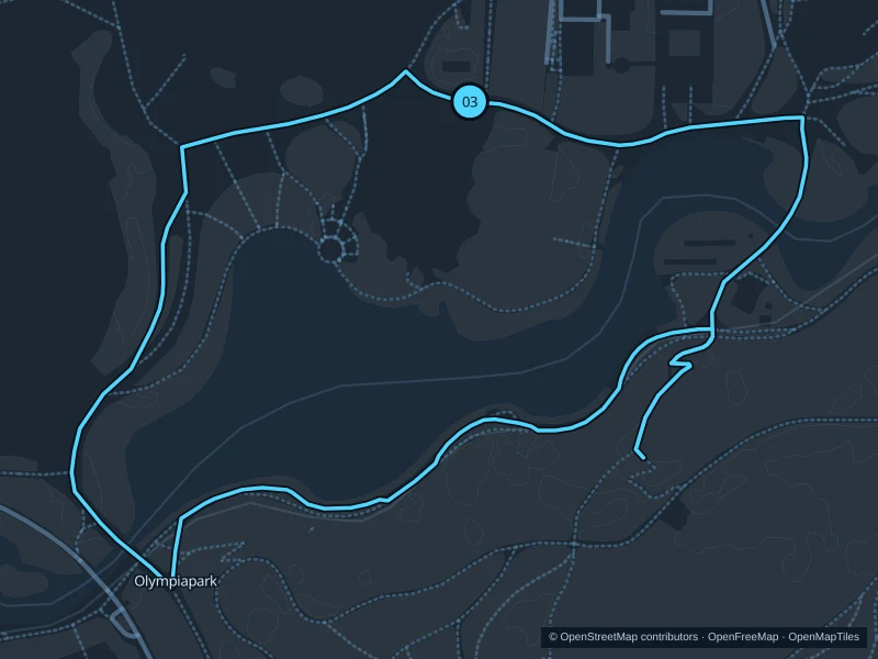 Map of the 2.0 km Olympiapark · lakeside paths run, with start and finish marked 03.