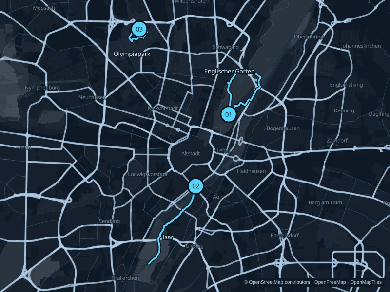 Map of Munich with three numbered running-route starts.