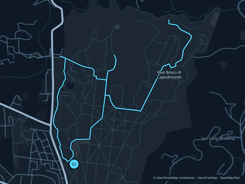 Map of the 5.3 km Real Bosco di Capodimonte run, with start and finish marked 02.