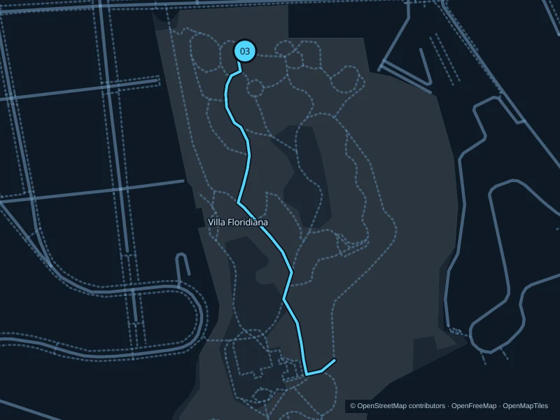 Map of the 2.3 km Villa Floridiana run (three laps), with start and finish marked 03.