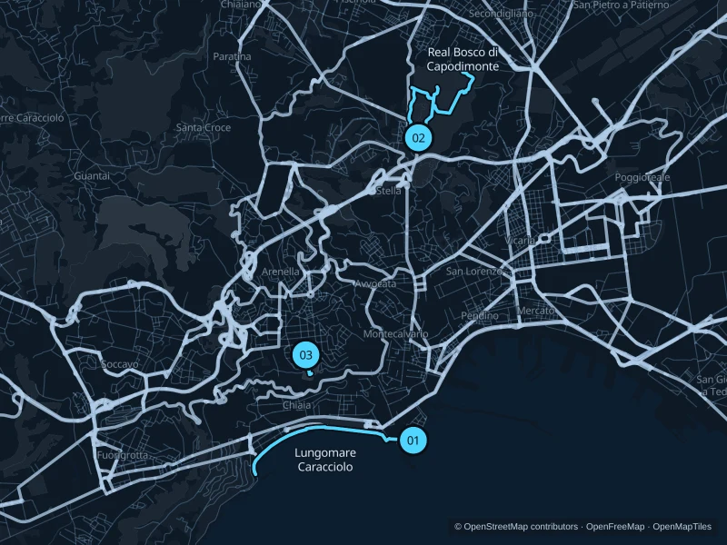 Map of Naples with three numbered running-route starts.