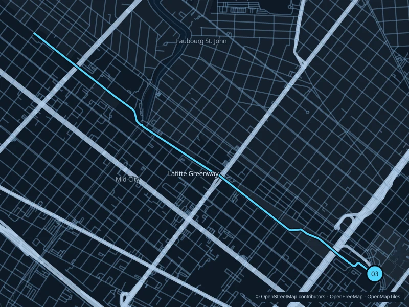 Map of the 7.4 km Lafitte Greenway run, with start and finish marked 03.