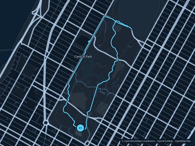 Map of the 5.9 km Central Park · southern and mid-park paths run, with start and finish marked 01.