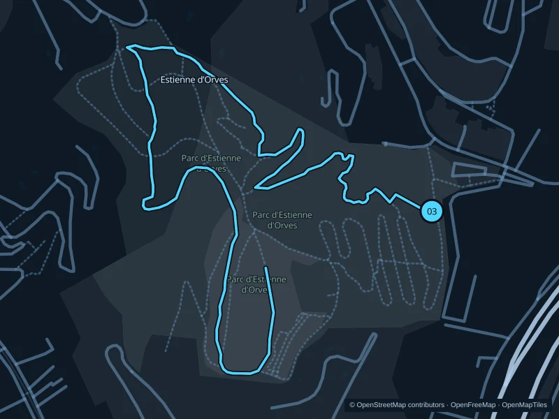Map of the 3.0 km Parc d’Estienne d’Orves run, with start and finish marked 03.