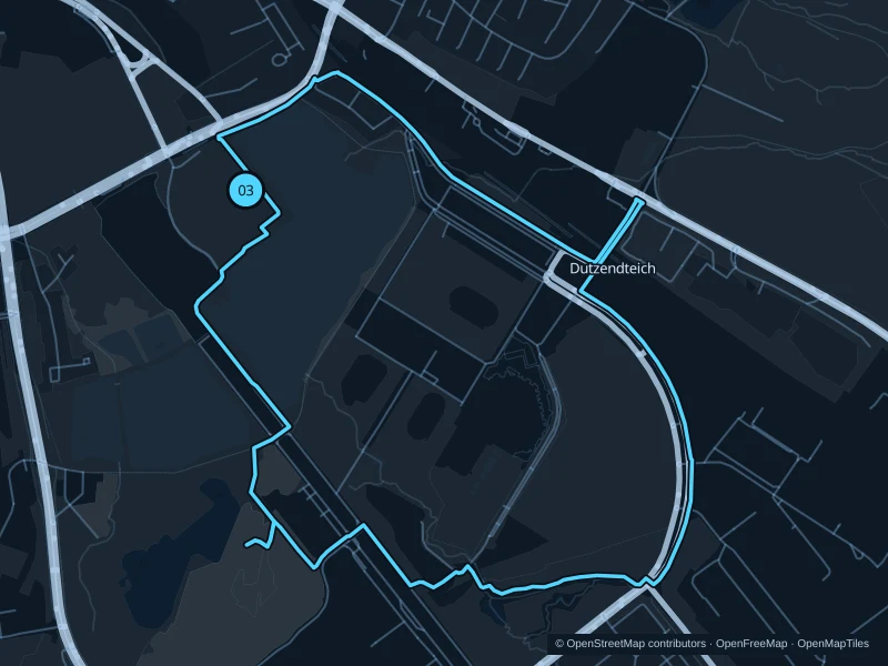 Map of the 6.8 km Dutzendteich run, with start and finish marked 03.