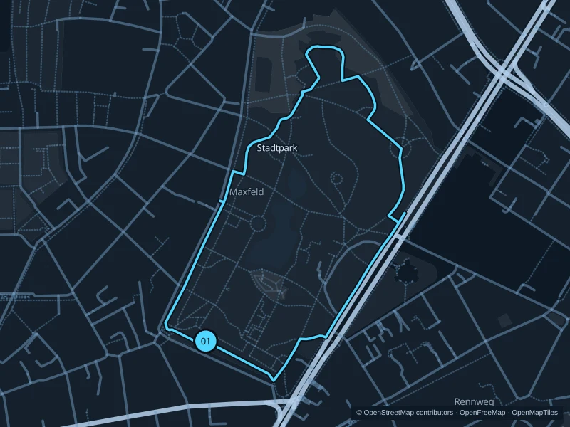 Map of the 1.8 km Stadtpark run, with start and finish marked 01.