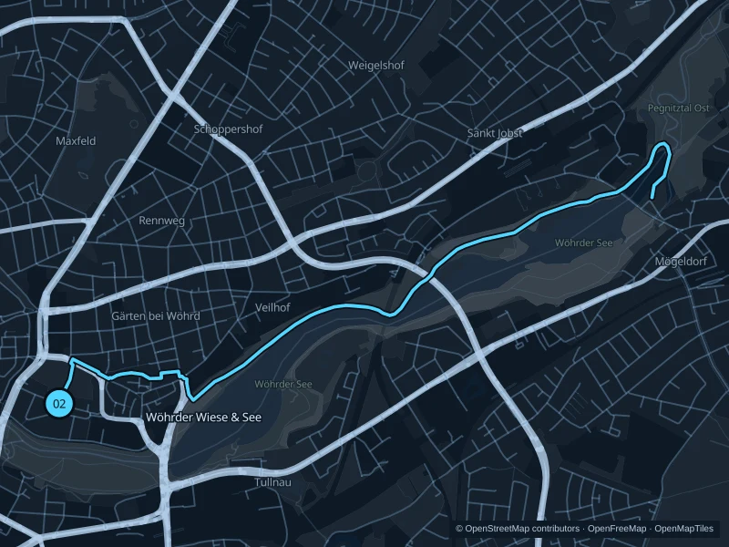Map of the 8.0 km Wöhrder Wiese & See run, with start and finish marked 02.