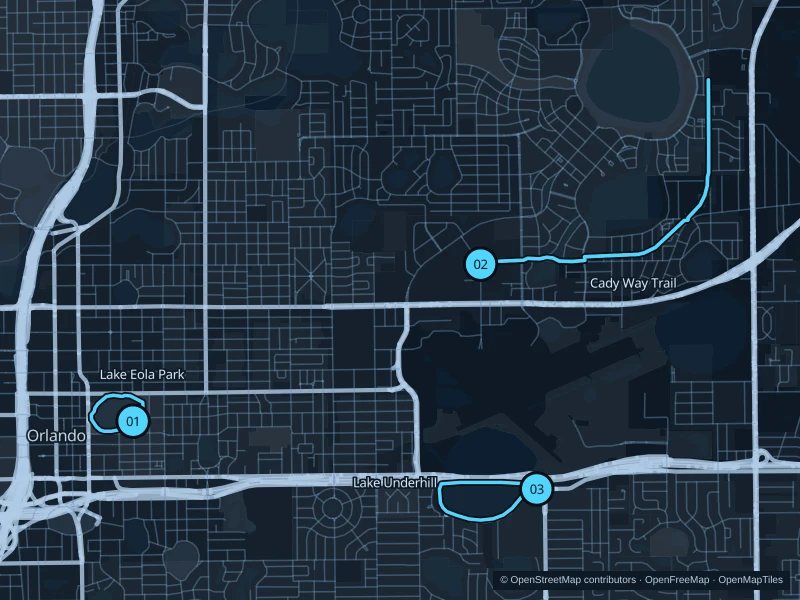 Map of Orlando with three numbered running-route starts.