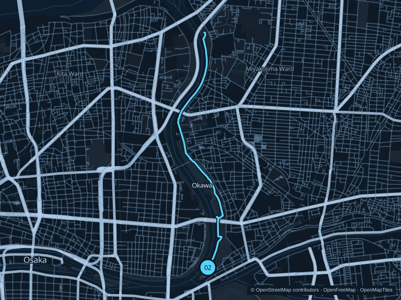 Map of the 6.1 km Okawa · Kema Sakuranomiya Park run, with start and finish marked 02.