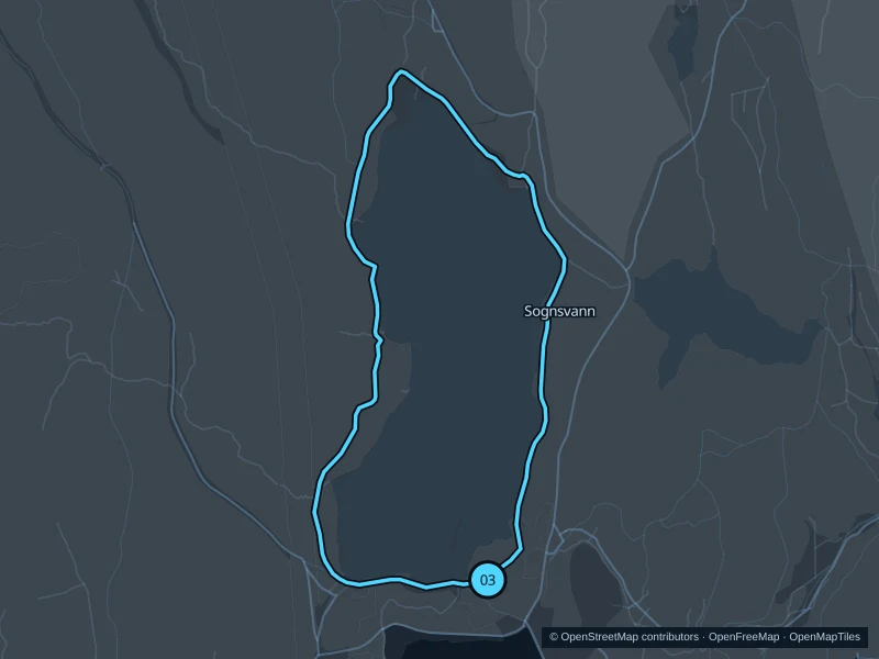 Map of the 3.1 km Sognsvann · lake circuit run, with start and finish marked 03.