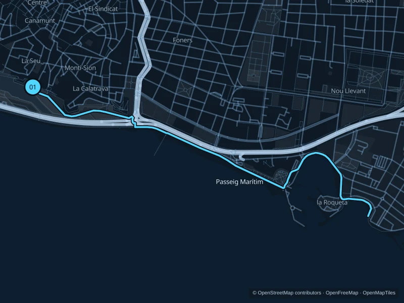 Map of the 5.2 km Passeig Marítim · cathedral to Portixol run, with start and finish marked 01.