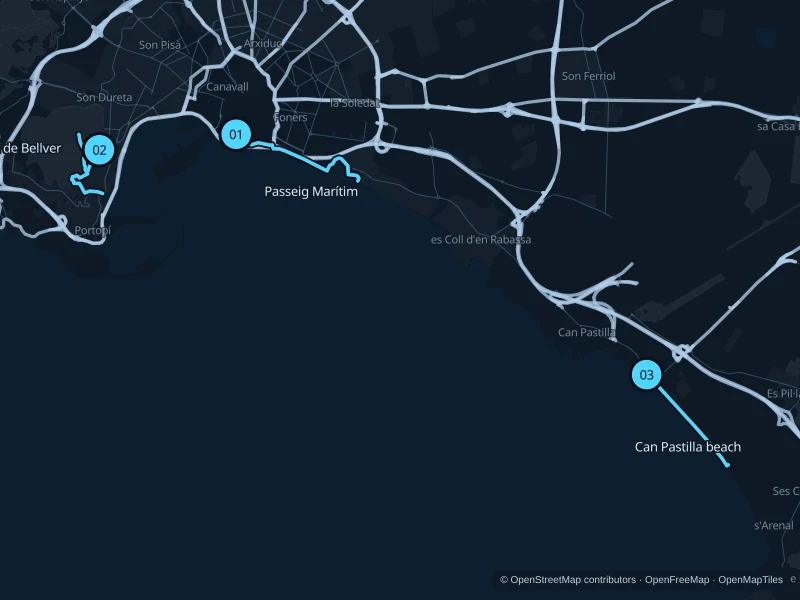 Map of Palma with three numbered running-route starts.