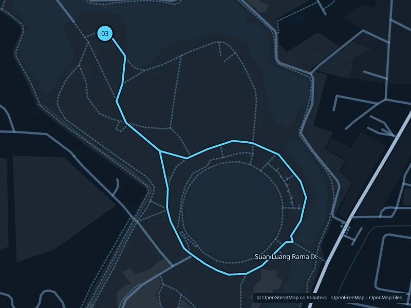 Map of the 2.7 km Suan Luang Rama IX · park paths run, with start and finish marked 03.