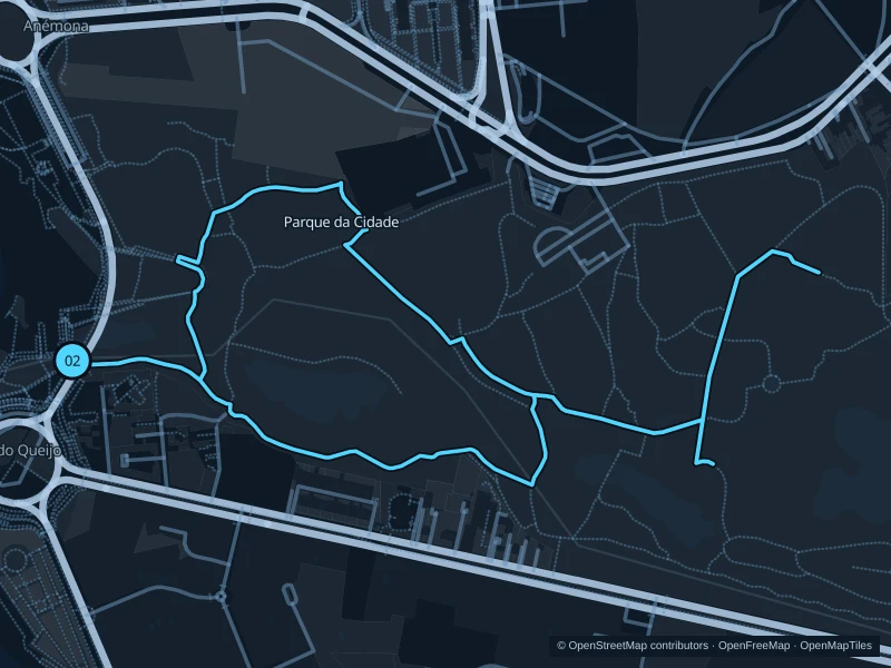 Map of the 3.4 km Parque da Cidade run, with start and finish marked 02.