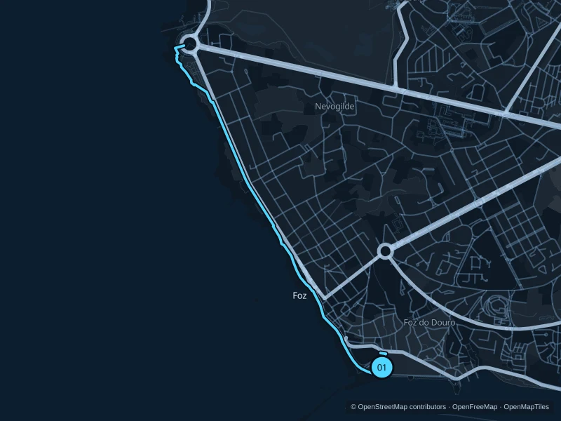 Map of the 6.3 km Foz · Atlantic promenade run, with start and finish marked 01.