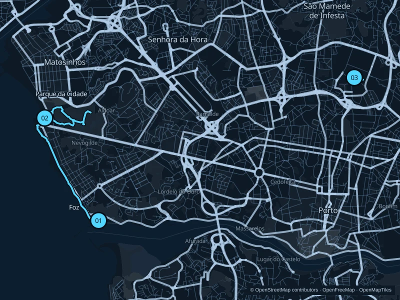 Map of Porto with three numbered running-route starts.