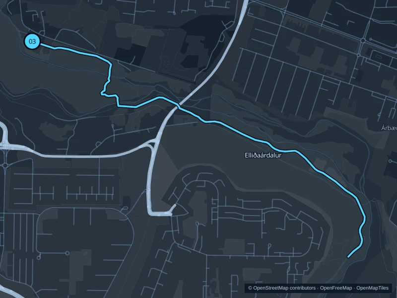 Map of the 5.5 km Elliðaárdalur · valley paths run, with start and finish marked 03.