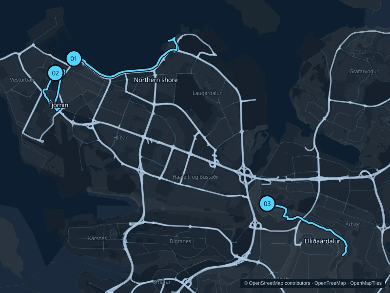 Map of Reykjavík with three numbered running-route starts.