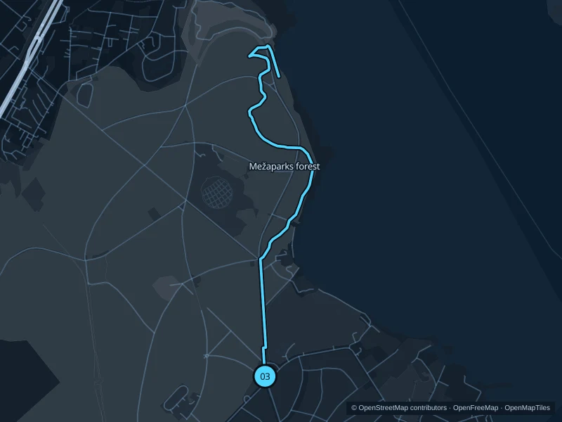 Map of the 5.3 km Mežaparks forest run, with start and finish marked 03.