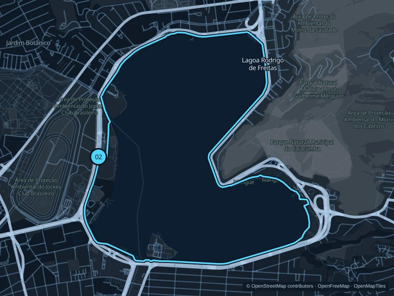 Map of the 7.5 km Lagoa Rodrigo de Freitas run, with start and finish marked 02.