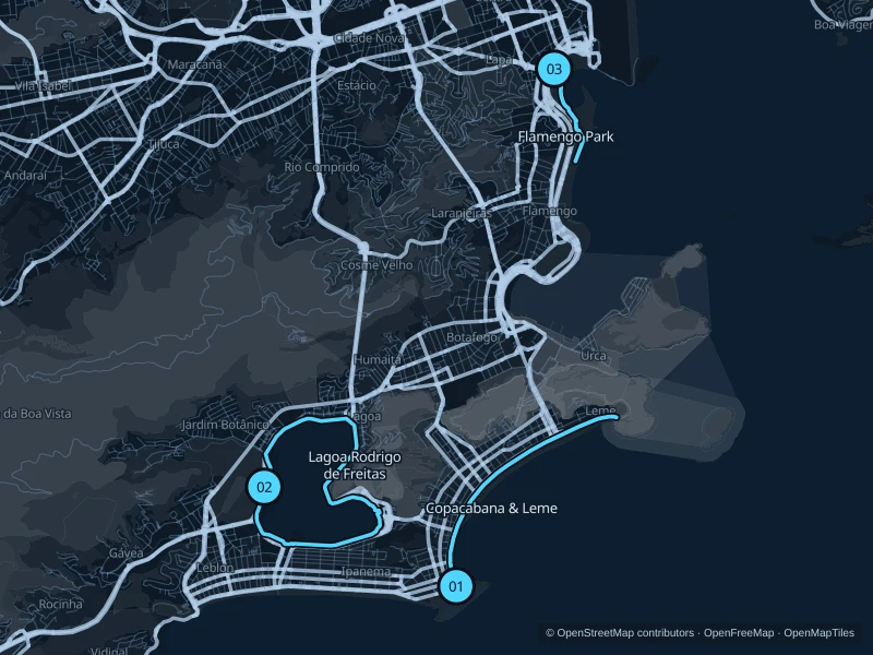 Map of Rio de Janeiro with three numbered running-route starts.