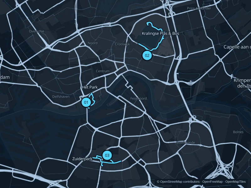 Map of Rotterdam with three numbered running-route starts.
