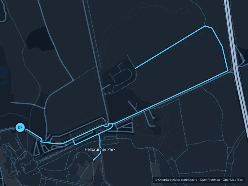 Map of the 3.0 km Hellbrunner Park run, with start and finish marked 03.