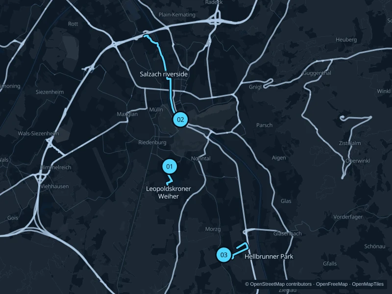 Map of Salzburg with three numbered running-route starts.
