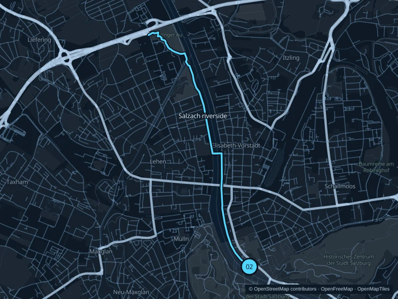 Map of the 6.6 km Salzach · Makartsteg to Lehen run, with start and finish marked 02.