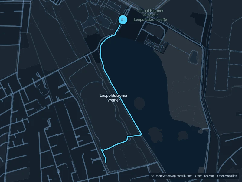 Map of the 1.6 km Leopoldskroner Weiher run, with start and finish marked 01.