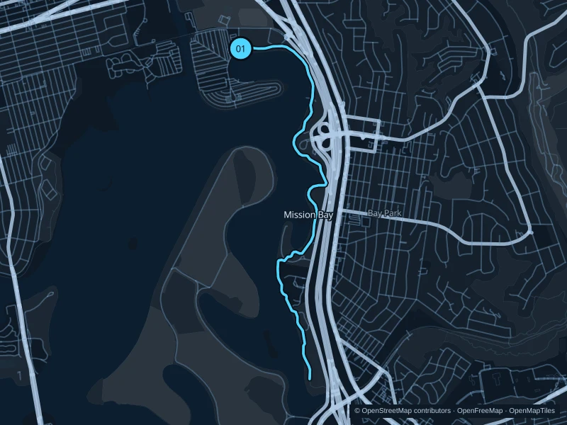 Map of the 7.9 km Mission Bay · De Anza Cove to Tecolote Shores run, with start and finish marked 01.