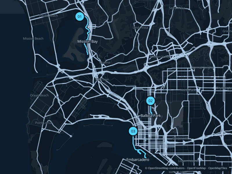 Map of San Diego with three numbered running-route starts.