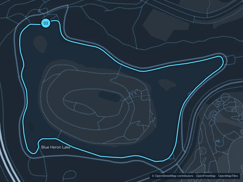 Map of the 1.6 km Blue Heron Lake run, with start and finish marked 03.