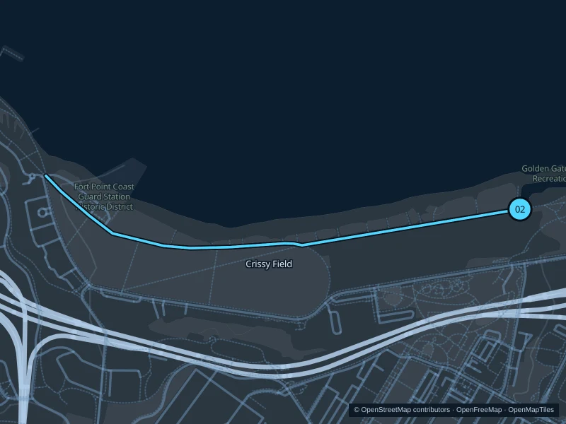 Map of the 2.7 km Crissy Field run, with start and finish marked 02.