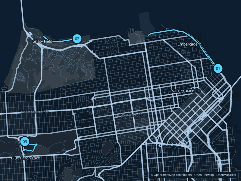 Map of San Francisco with three numbered running-route starts.