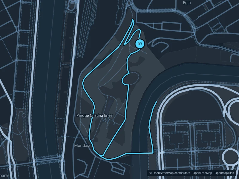 Map of the 2.4 km Parque Cristina Enea run, with start and finish marked 03.