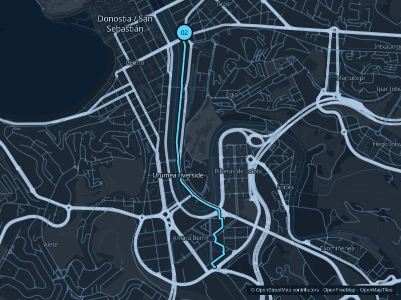 Map of the 5.0 km Urumea riverside run, with start and finish marked 02.