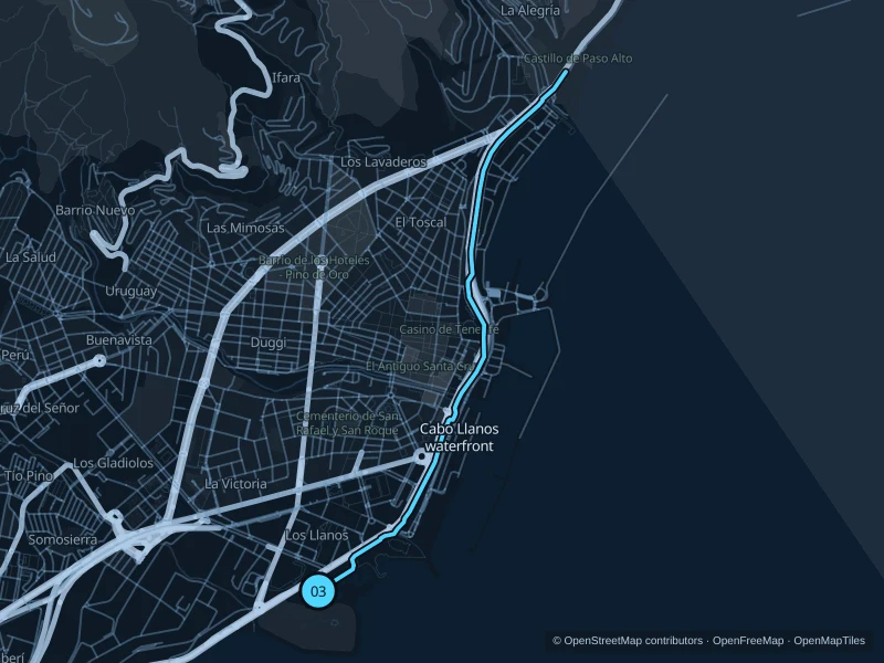 Map of the 7.1 km Public waterfront · Cabo Llanos northward run, with start and finish marked 03.