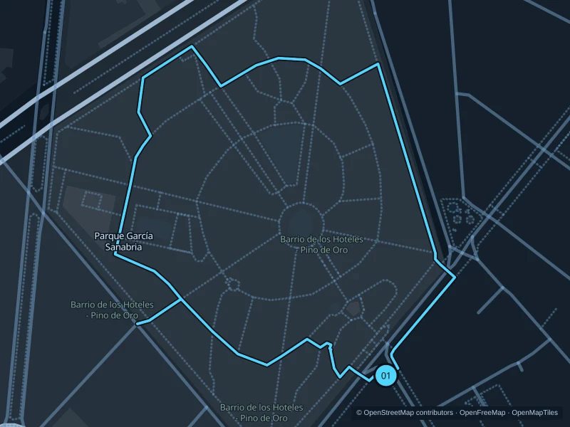 Map of the 1.8 km Parque García Sanabria · two laps run, with start and finish marked 01.