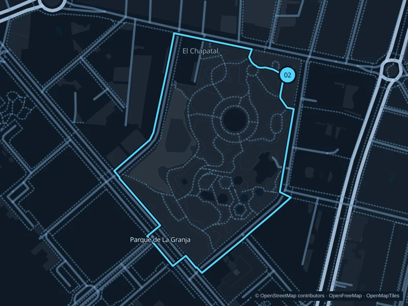 Map of the 2.5 km Parque de La Granja · two laps run, with start and finish marked 02.