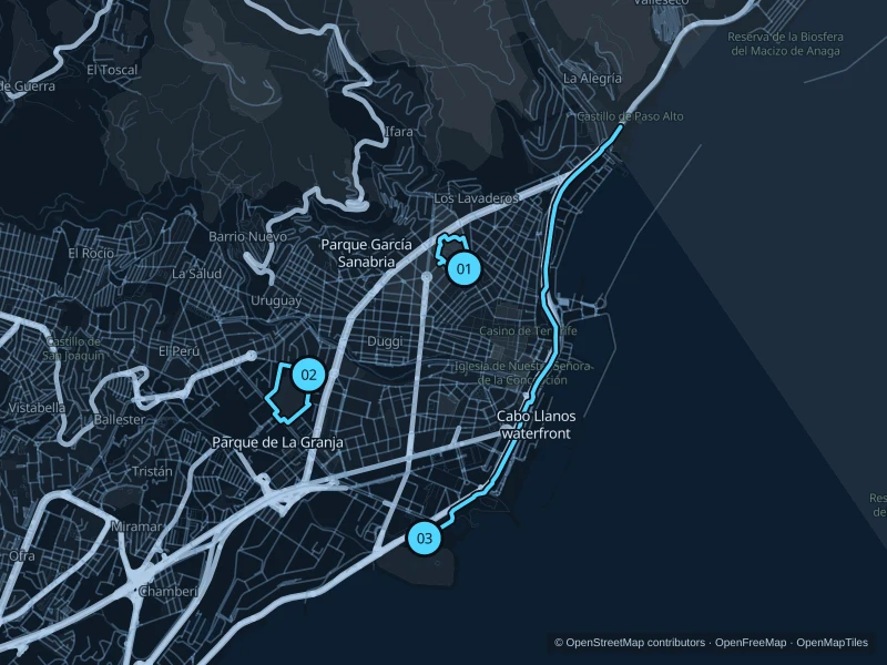 Map of Santa Cruz de Tenerife with three numbered running-route starts.