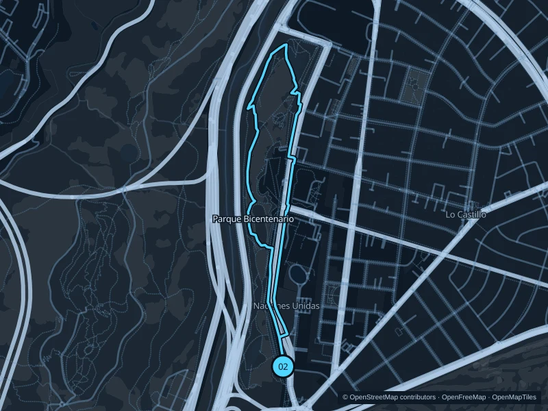 Map of the 3.0 km Parque Bicentenario de Vitacura run, with start and finish marked 02.