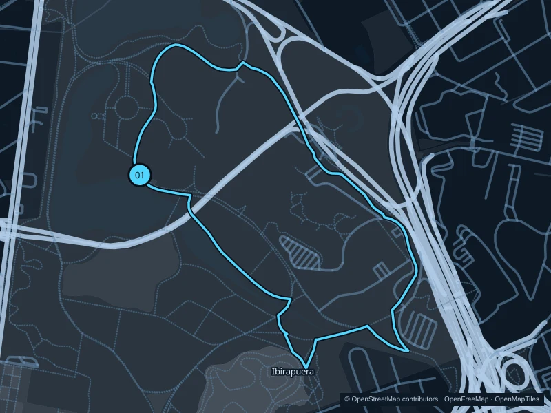 Map of the 2.9 km Parque Ibirapuera run, with start and finish marked 01.