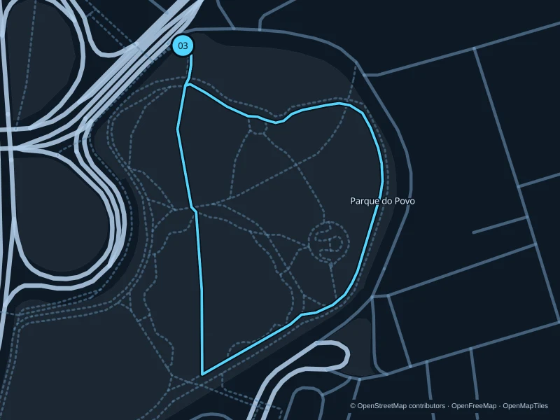 Map of the 1.8 km Parque do Povo · Mário Pimenta Camargo run, with start and finish marked 03.