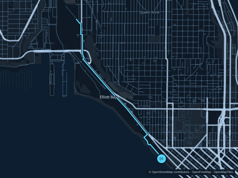 Map of the 6.2 km Elliott Bay · Myrtle Edwards to Smith Cove run, with start and finish marked 01.