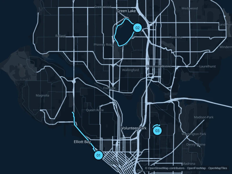 Map of Seattle with three numbered running-route starts.